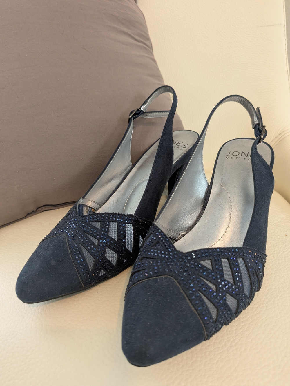 Jones New York Navy Suede Slingback Heels with Crystal Trim